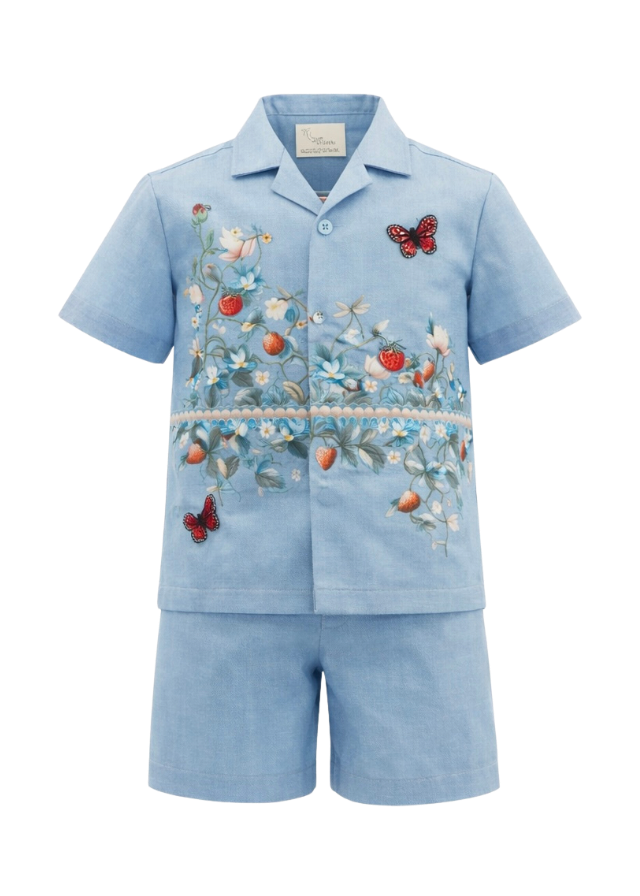 Aster soft blue botanical print linen boys set with embroidered strawberry and butterfly accents — Botanical Bloom by Rhyme Kids