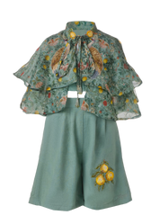 Capri crystal-embellished girls three-piece set with linen shorts and botanical print cape — Botanical Bloom by Rhyme Kids