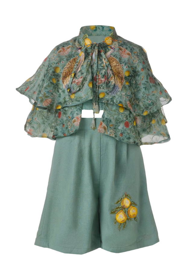 Capri crystal-embellished girls three-piece set with linen shorts and botanical print cape — Botanical Bloom by Rhyme Kids