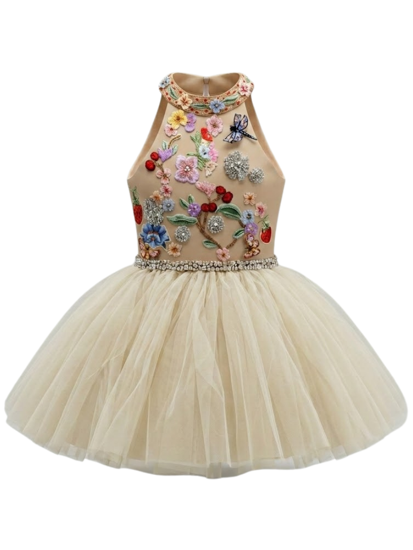 Cristelle hand-embroidered girls occasion dress in sand with floral and dragonfly motifs — Botanical Bloom by Rhyme Kids