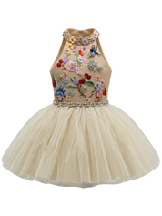 Cristelle hand-embroidered girls occasion dress in sand with floral and dragonfly motifs — Botanical Bloom by Rhyme Kids