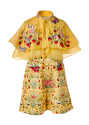 Cyprus three-piece girls ensemble with embroidered cropped top, botanical shorts and sheer cape — Botanical Bloom by Rhyme Kids