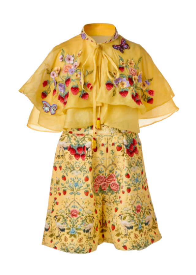 Cyprus three-piece girls ensemble with embroidered cropped top, botanical shorts and sheer cape — Botanical Bloom by Rhyme Kids