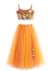 Ember hand-embroidered girls crop top and tulle skirt set with sunset floral motifs — Botanical Bloom by Rhyme Kids