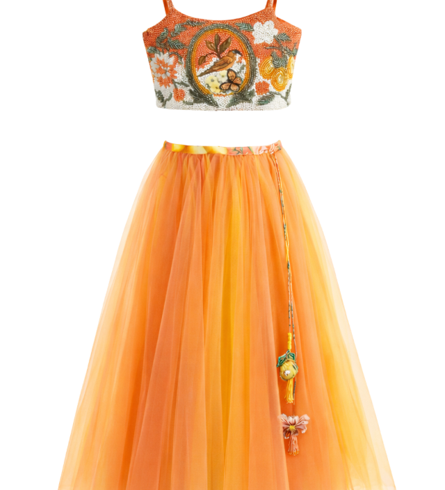 Ember hand-embroidered girls crop top and tulle skirt set with sunset floral motifs — Botanical Bloom by Rhyme Kids