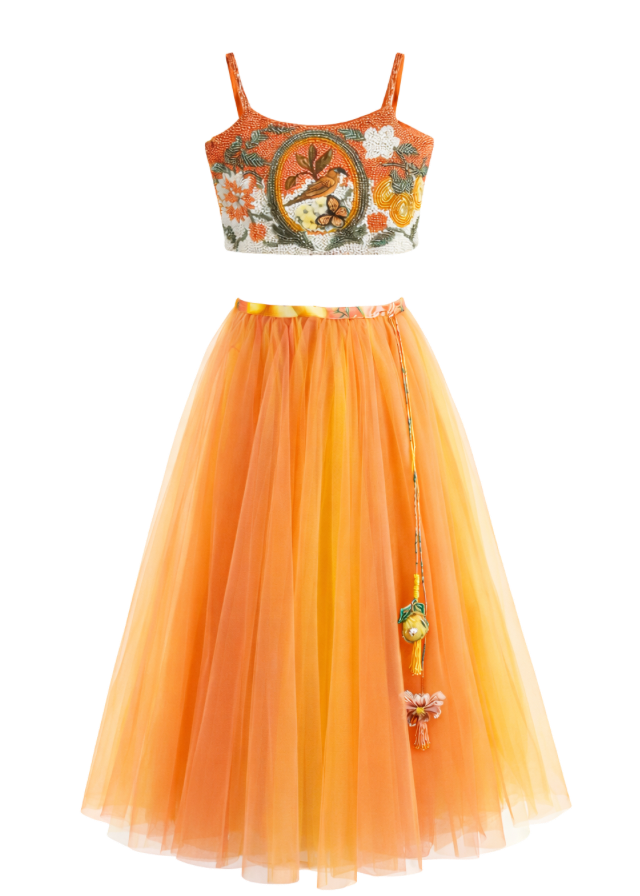 Ember hand-embroidered girls crop top and tulle skirt set with sunset floral motifs — Botanical Bloom by Rhyme Kids