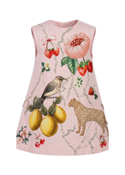 Fraise hand-beaded linen girls dress with strawberry, floral and bird crystal embroidery — Botanical Bloom by Rhyme Kids