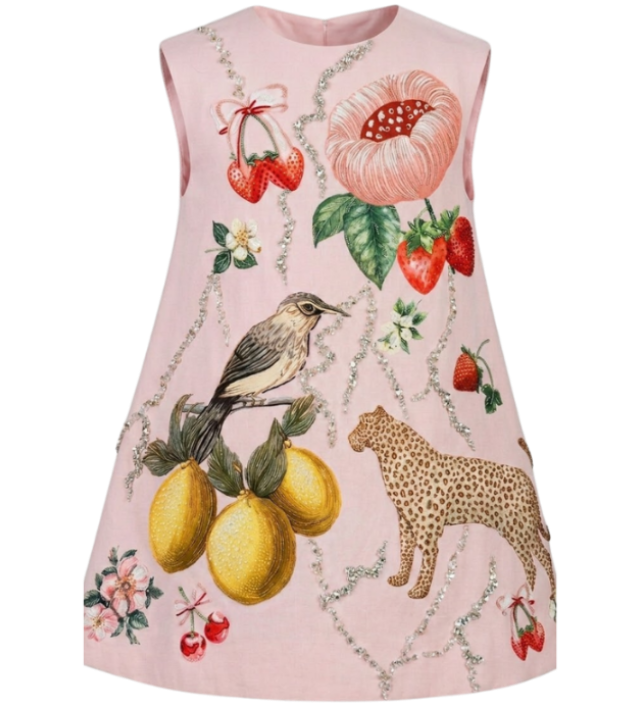 Fraise hand-beaded linen girls dress with strawberry, floral and bird crystal embroidery — Botanical Bloom by Rhyme Kids