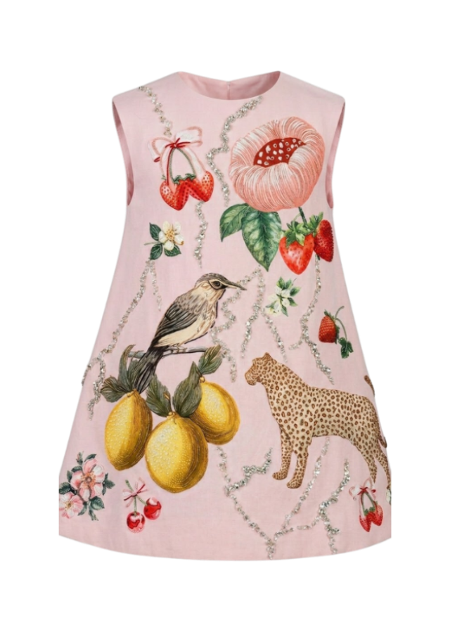 Fraise hand-beaded linen girls dress with strawberry, floral and bird crystal embroidery — Botanical Bloom by Rhyme Kids