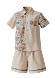 Hunter hand-embroidered linen boys set with botanical half-panel shirt and embroidered shorts — Botanical Bloom by Rhyme Kids