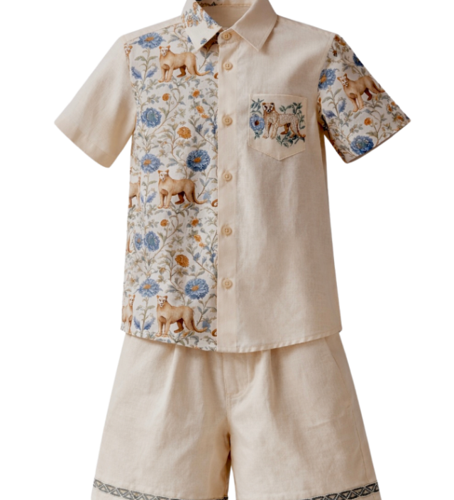 Hunter hand-embroidered linen boys set with botanical half-panel shirt and embroidered shorts — Botanical Bloom by Rhyme Kids