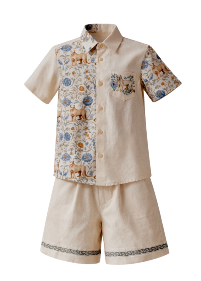 Hunter hand-embroidered linen boys set with botanical half-panel shirt and embroidered shorts — Botanical Bloom by Rhyme Kids
