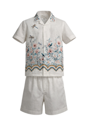 Ivory botanical print linen boys set with hand-embroidered collar and dragonfly motifs — Botanical Bloom by Rhyme Kids