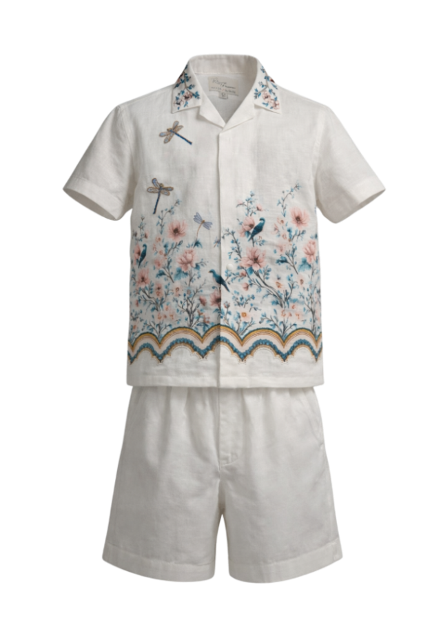 Ivory botanical print linen boys set with hand-embroidered collar and dragonfly motifs — Botanical Bloom by Rhyme Kids
