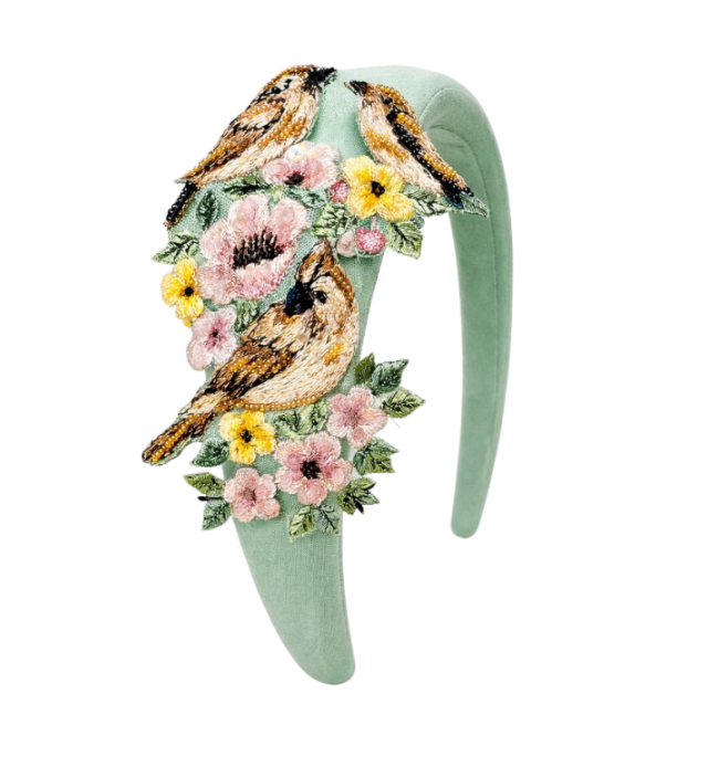 Meadow hand-embroidered mint headband with floral and pearl accents — Botanical Bloom accessory by Rhyme Kids
