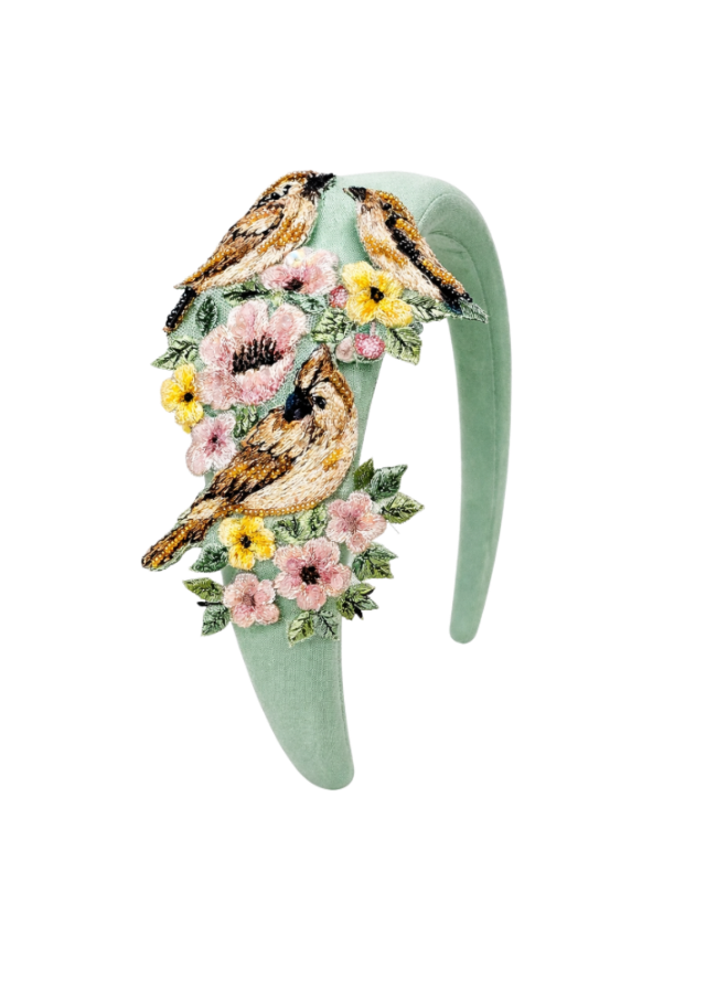 Meadow hand-embroidered mint headband with floral and pearl accents — Botanical Bloom accessory by Rhyme Kids