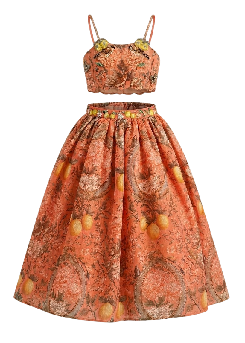 Pippa silk organza girls two-piece set with floral, bird and lemon print — Botanical Bloom by Rhyme Kids