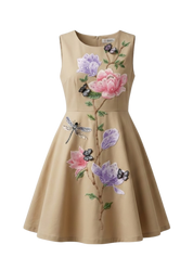 Posie hand-embroidered sand-tone girls dress with flowers, butterflies and dragonfly — Botanical Bloom by Rhyme Kids