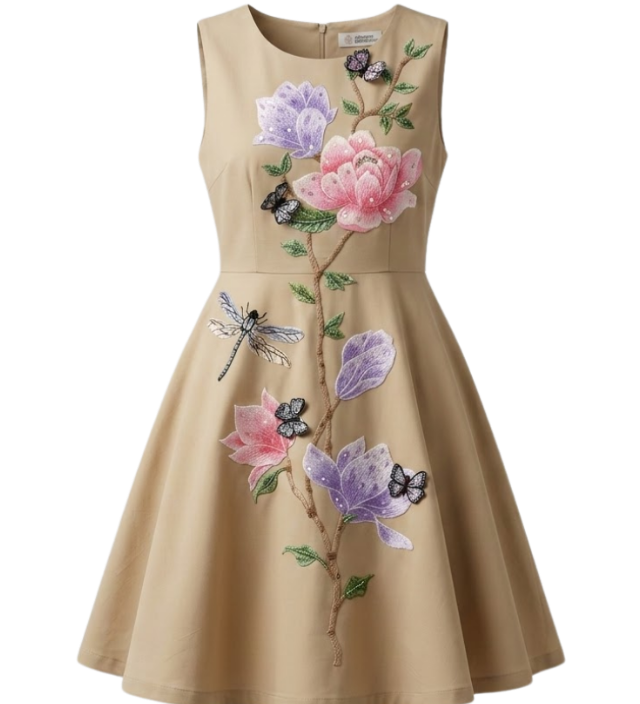 Posie hand-embroidered sand-tone girls dress with flowers, butterflies and dragonfly — Botanical Bloom by Rhyme Kids