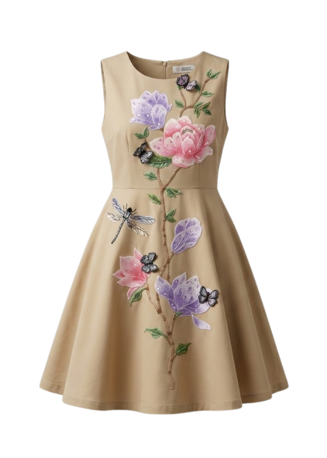 Posie hand-embroidered sand-tone girls dress with flowers, butterflies and dragonfly — Botanical Bloom by Rhyme Kids