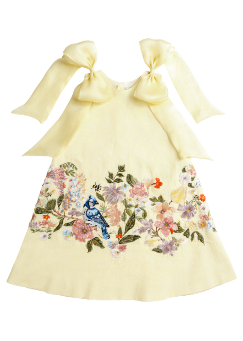 Rocca sorbet yellow pure linen A-line girls dress with wildflower embroidery and silk organza bow — Rhyme Kids