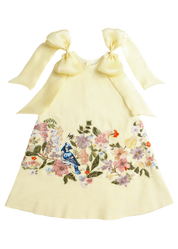 Rocca sorbet yellow pure linen A-line girls dress with wildflower embroidery and silk organza bow — Rhyme Kids