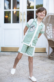 Sage boys linen set lifestyle photo — luxury children's occasion wear by Rhyme Kids
