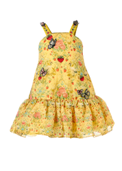 Stella printed organza girls dress with hand-embroidered butterfly neckline and garden motifs — Botanical Bloom by Rhyme Kids