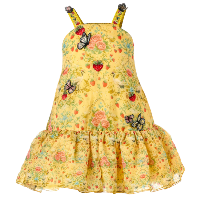 Stella printed organza girls dress with hand-embroidered butterfly neckline and garden motifs — Botanical Bloom by Rhyme Kids