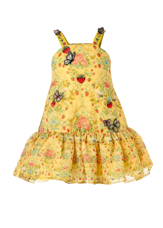 Stella printed organza girls dress with hand-embroidered butterfly neckline and garden motifs — Botanical Bloom by Rhyme Kids