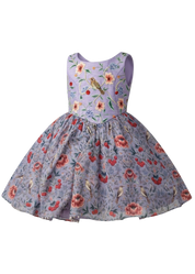Wren hand-embroidered raw silk girls dress with florals, birds and berry motifs — Botanical Bloom by Rhyme Kids