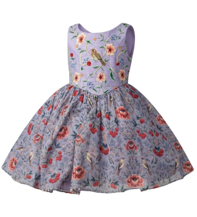 Wren hand-embroidered raw silk girls dress with florals, birds and berry motifs — Botanical Bloom by Rhyme Kids
