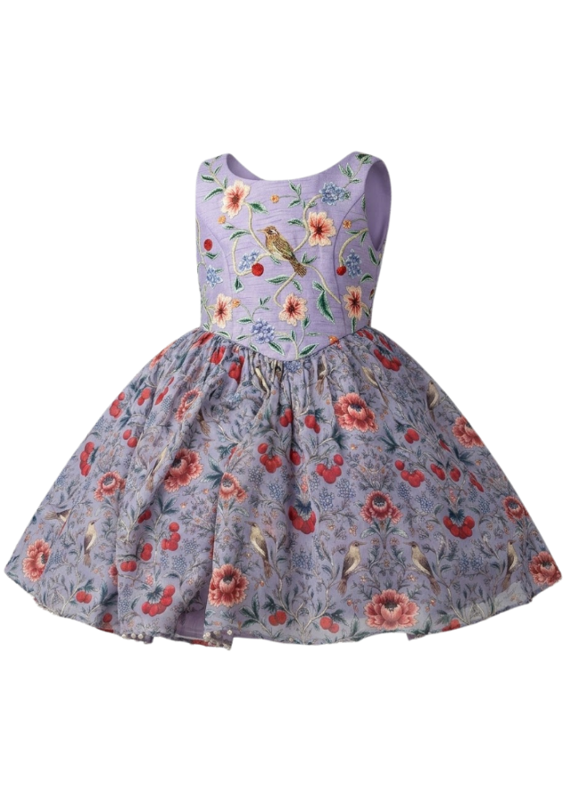 Wren hand-embroidered raw silk girls dress with florals, birds and berry motifs — Botanical Bloom by Rhyme Kids